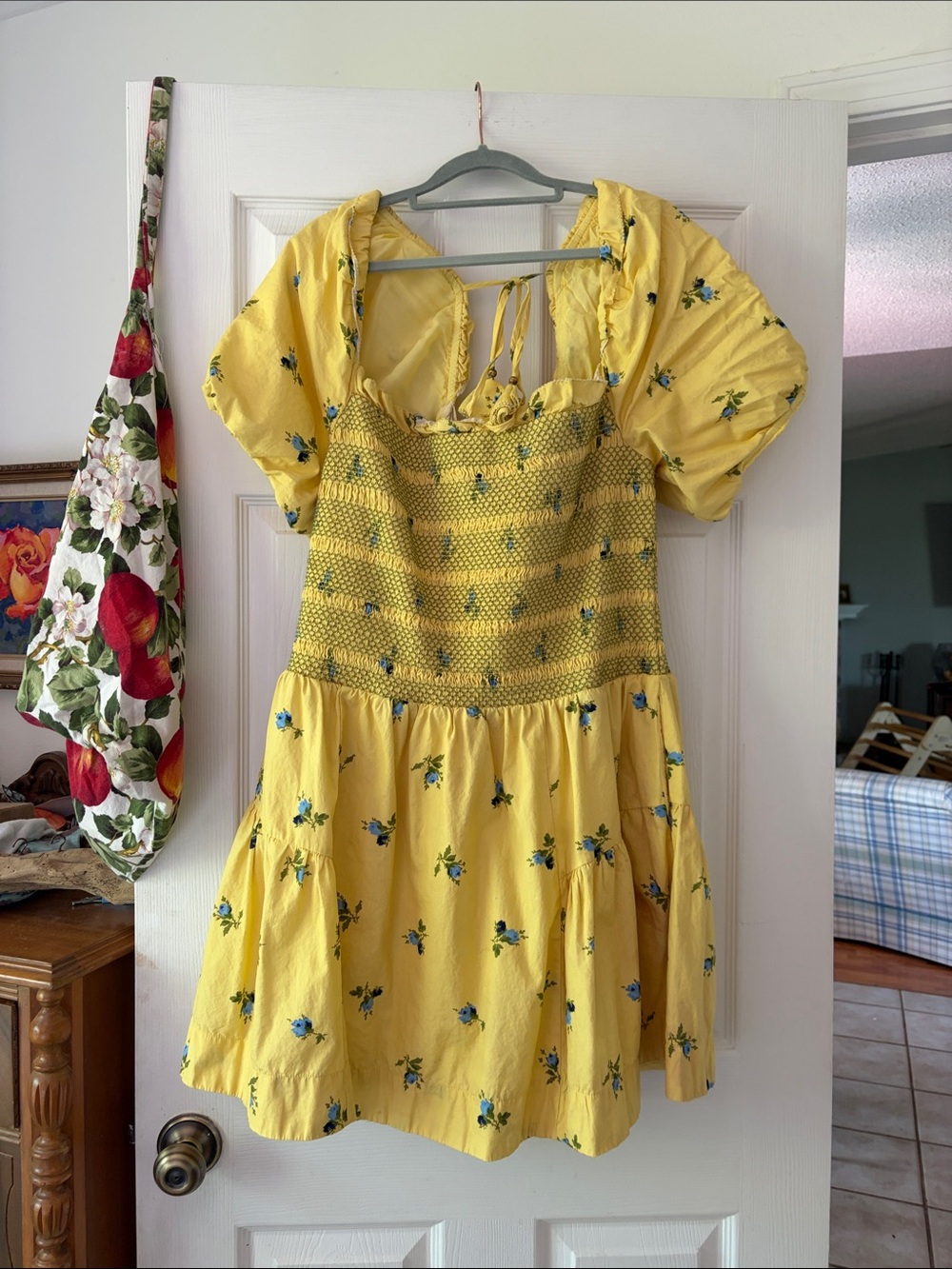 Anthropologie Yellow Floral Smocked Mini Dress
